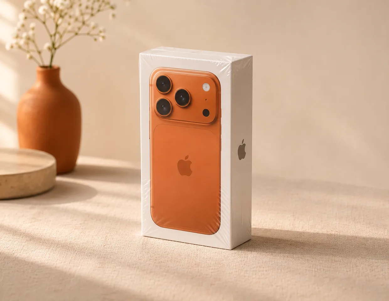 A sealed iPhone 17 Pro box in orange on a cream linen table beside a terracotta vase