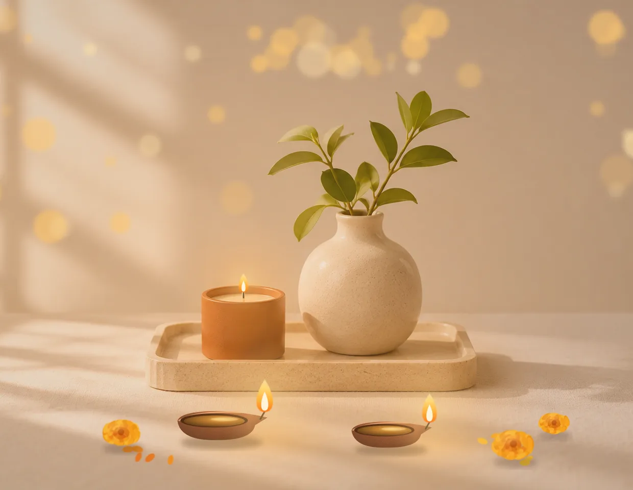 Lit clay diyas, a candle and marigold flowers on a cream table with warm festive lights